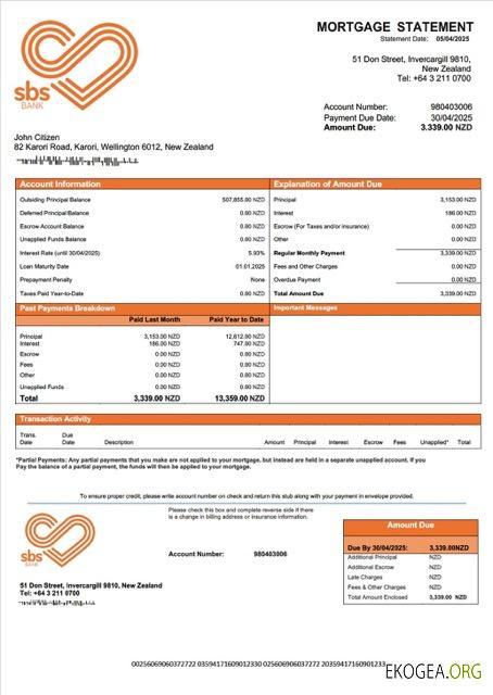 Modèle Word et PDF de relevé hypothécaire de la Banque SBS de Nouvelle , Zélande
